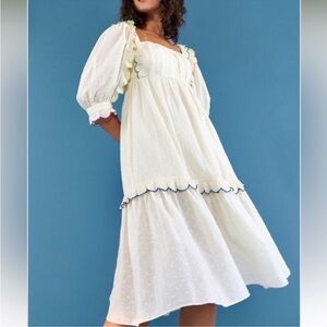 Farm Rio Swiss Dot Ivory Puff Sleeve Midi Dress